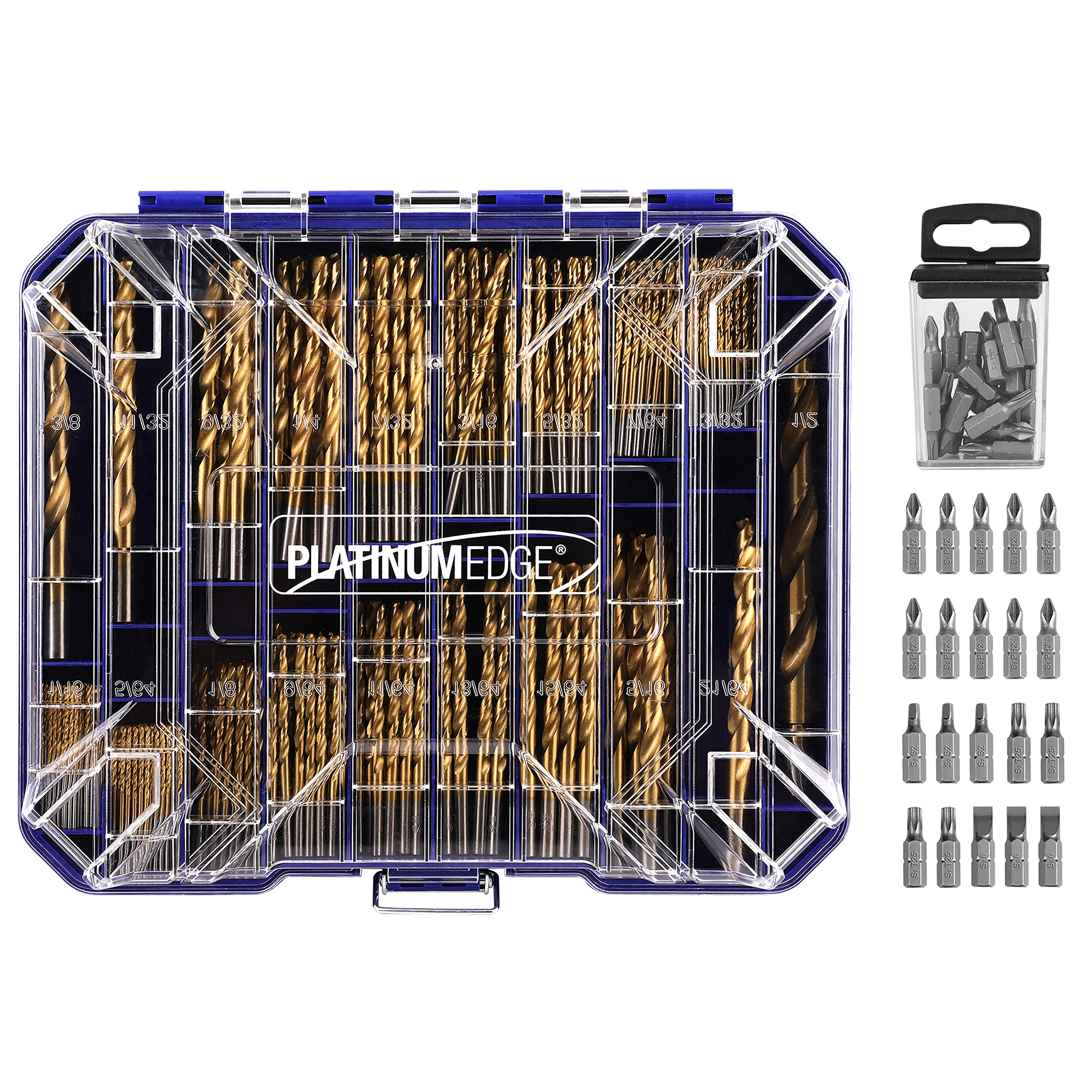 Photo 1 of 276pc Titanium Twist Drill Bit Set with S2 Bits 135° Tip High Speed Steel, Size from 1/16" up to 1/2", Ideal in Wood Cast Iron Aluminum Alloy Plastic Fiberglass, Clear Lid Case
