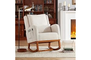 Iroomy Rocking Chair, Nursery Glider Rocker Chair with Side Pockets & Lumbar Pillow, High-Back Modern Accent Rocking Chair Indoor for Living Room/Bedroom/Nursery-Beige