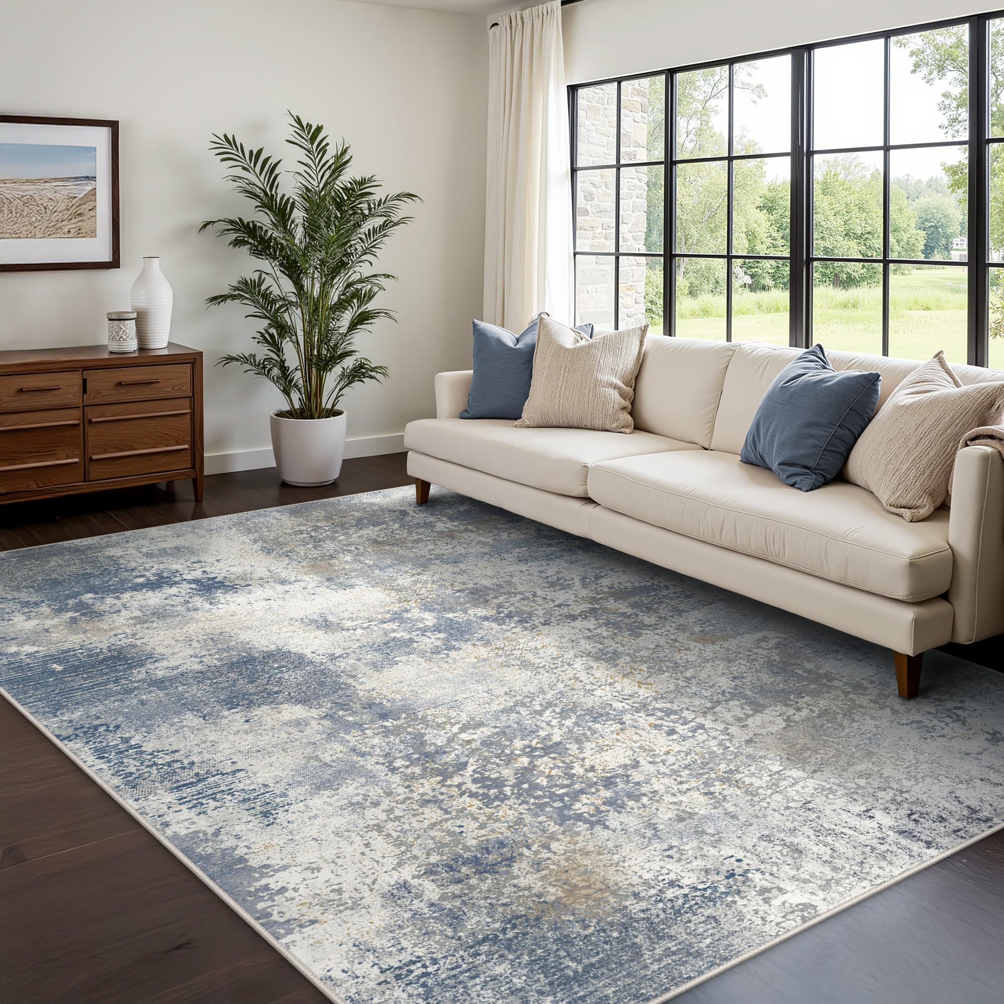 Photo 1 of GENIMO 8x10 Washable Area Rugs for Living Room Bedroom, Modern Abstract Low Pile Soft Non Slip Rug, Contemporary Indoor Floor Carpet Cover for Dining Room Kitchen, Sky Blue