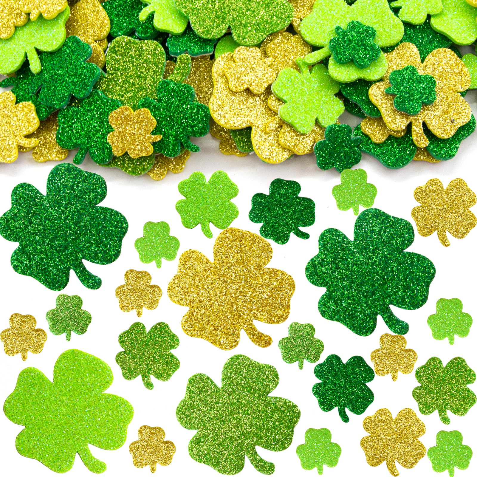 Photo 1 of Fancy Land St. Patrick's Day Foam Stickers 650 Pcs Glitter Shamrock Stickers for Kids Foam Shamrock Craft St Patrick's Day Party Favor Supplies in Light Green, Gold, Dark Green and Grass Green