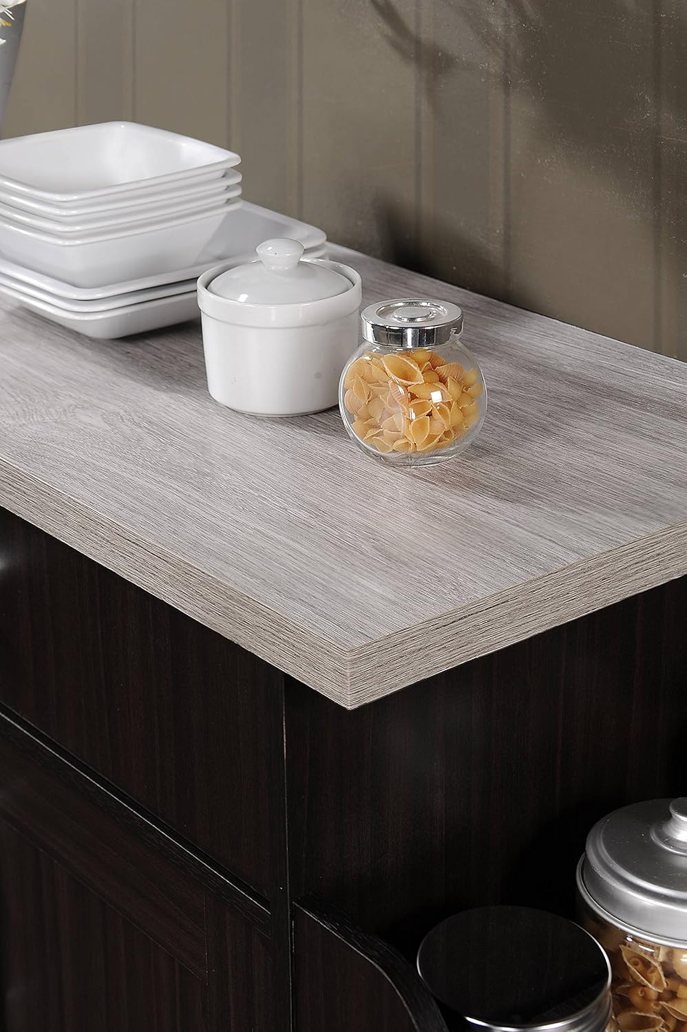 Hodedah Kitchen Island with Spice Rack, Towel Rack & Drawer, Chocolate with Grey Top: Furniture & Decor