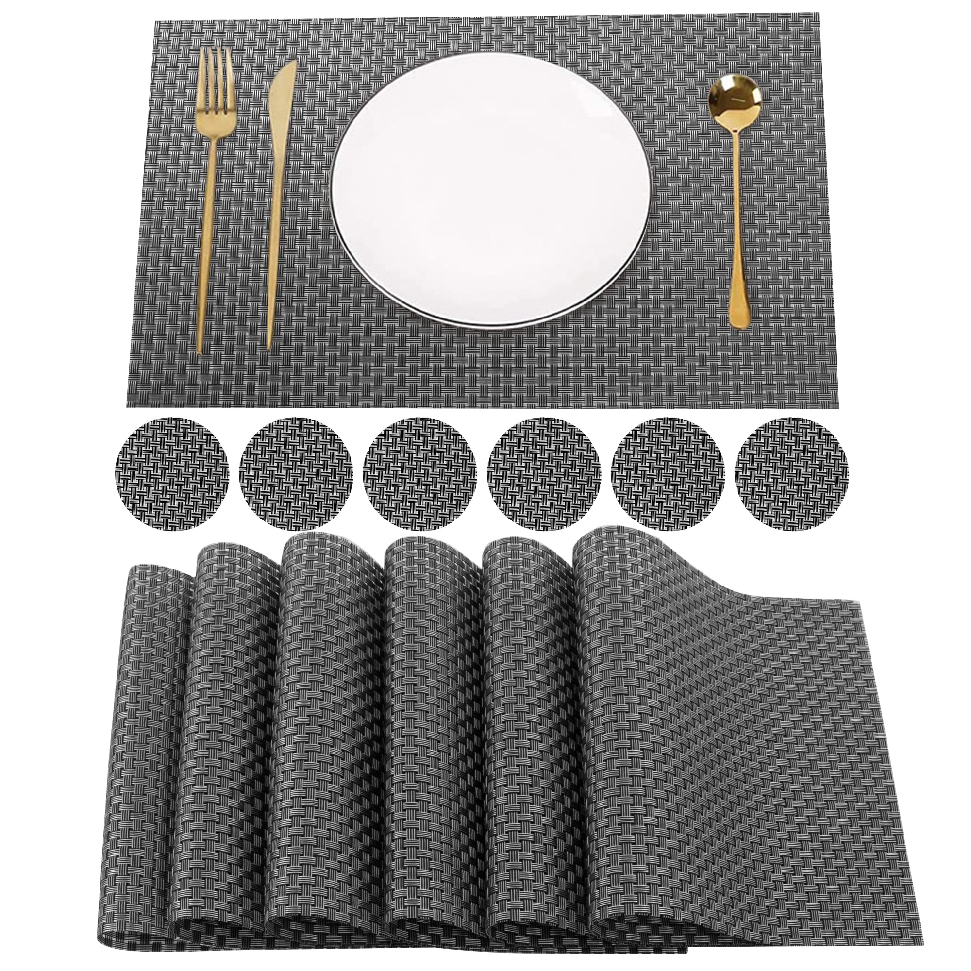 Time to Sparkle Set of 12 PCS Vinyl Woven 6pcs Placemats + 6pcs Coasters Place Mats Non slip Table Mats Waterproof Heat-resistant Dining Table Mats Decor (Dark grey)