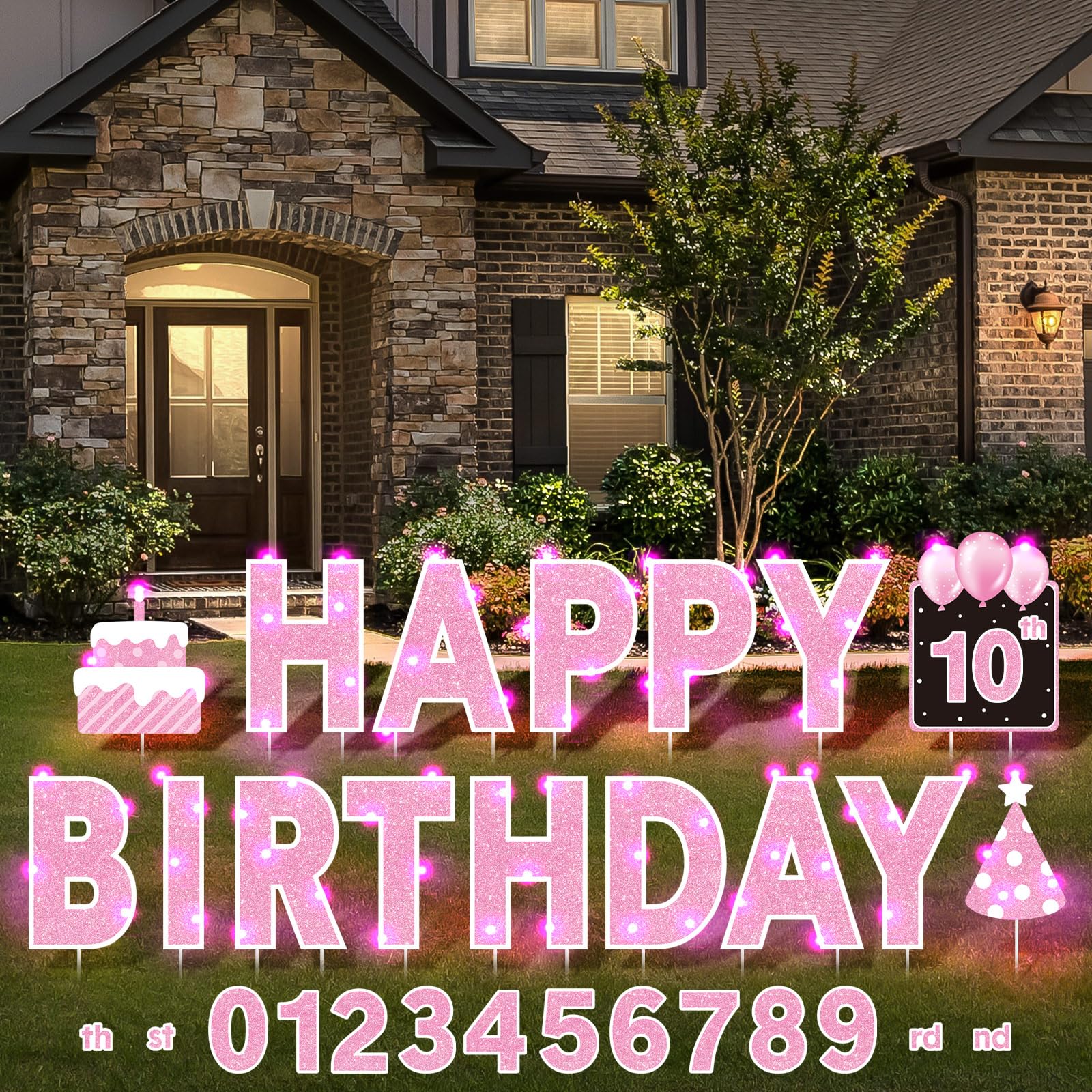 Photo 1 of Yerliker 16 Pcs Happy Birthday Yard Signs with Stakes, 32.8 ft LED Lights, 42 Pcs Number Stickers, 13.4 Inch Letters Signs for Birthday Party Supplies Yard Lawn Outdoor Decoration (Pink)