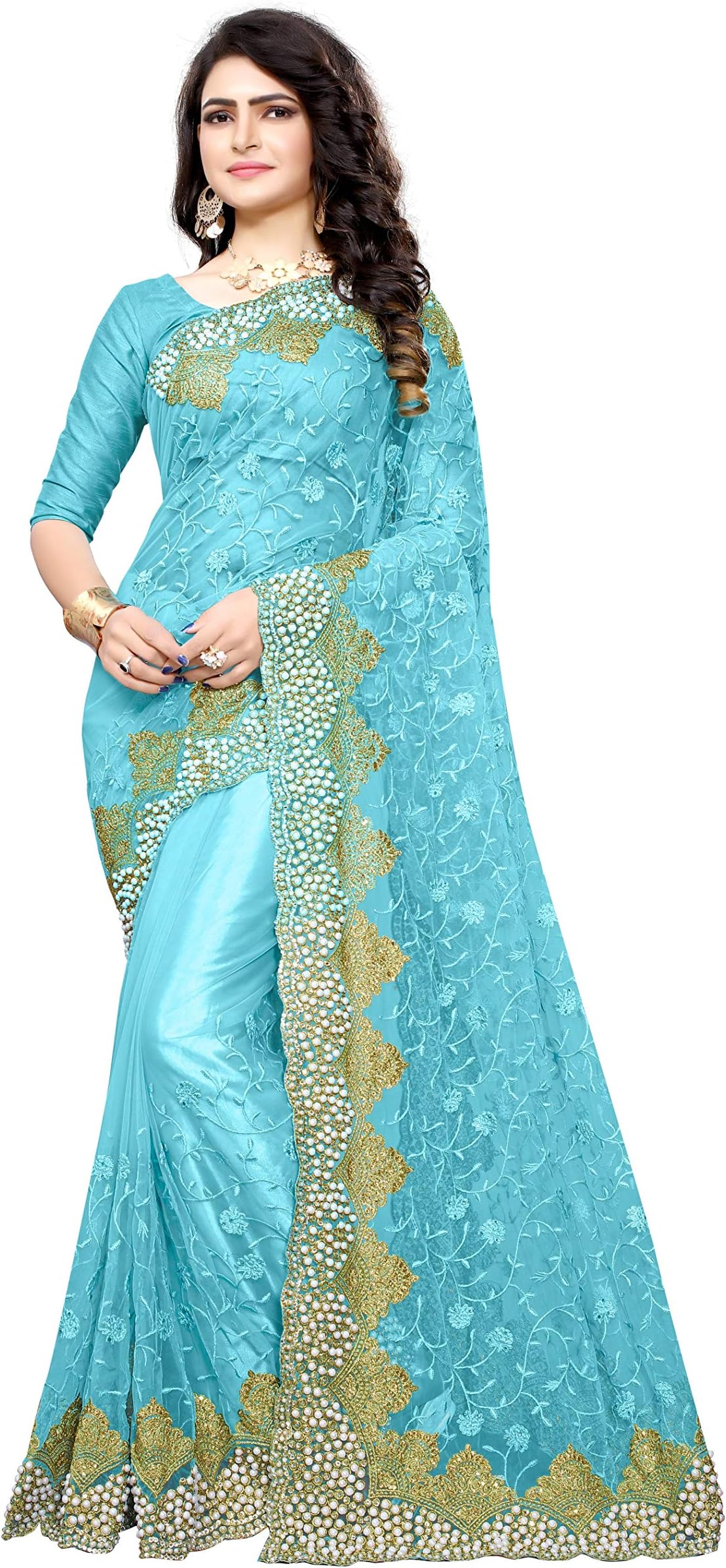 Women Sky Blue Color Nylon Mono Net Saree With Fancy Thread & Pearls & Hand Work And Unstitched Blouse Piece