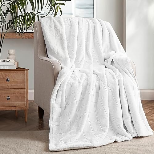 Coastline Super soft Grid Rabbit Faux Fur Plush Throw Blanket with Sherpa Reverse, Decorative Fuzzy Warm Cozy Rabbit Fur Throws for Sofa, Couch, Chair, Cream 127x152cm