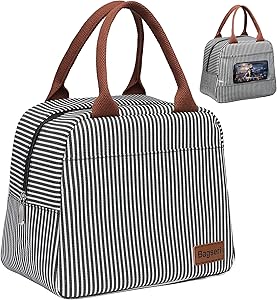 Lunch Bag, Bagseri Insulated Lunch Box for Women and Men, with Transparent Phone Holder Pocket, Reusable Lunch Cooler Bags Thermal Organizer, Water-resistant Lining (Black White Stripe)