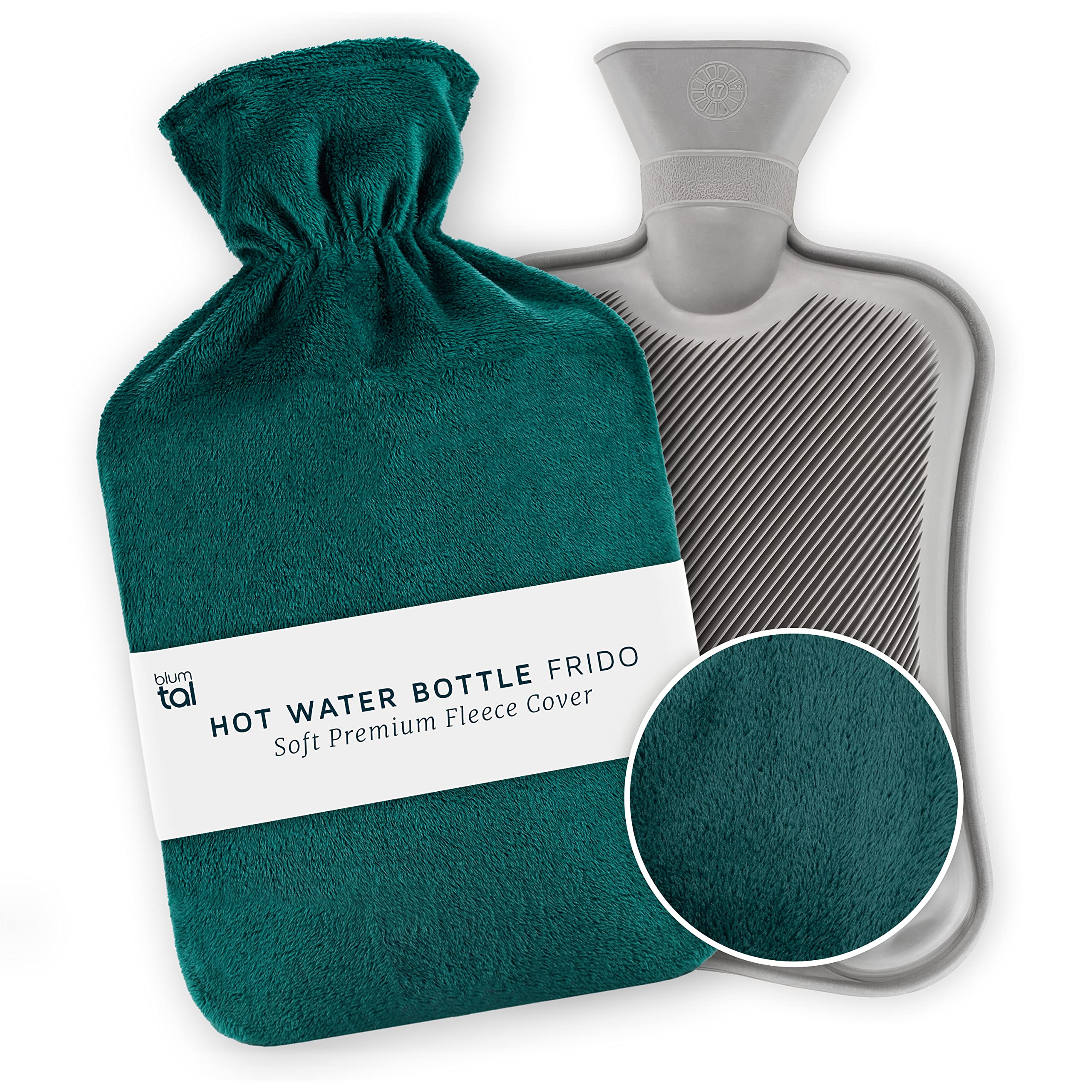 Blumtal Hot Water Bottles Frido - Super Soft Fleece Cover, Large Capacity, UK Testing Standards - Hot Water Bottle with Cover UK, Deep Teal Blue (1.8 Litre)