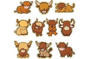 X1ZUUE 10Pcs Highland Cow Chenille Iron on Patches, Kids Iron on Knee Patches Cartoon Animal Repair Patches Kit Cow Sew on Embroidered Patches Applique DIY Accessory for Backpack Clothes Dress Pant Hat Jean