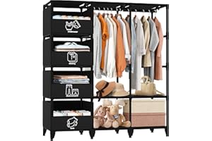 Jofuler Portable Closet, Easy Assembly, Large Capacity Wardrobe Closet, Sturdy and Stable Clothes Rack with Shelves 4 Storage Baskets and 2 Hanging Rods, for Bedroom and Cloakroom Black