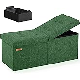 HAUSFRAU 31.5 Inches Ottoman with Storage Bench, Folding Ottoman Bench Small Foot Rest Stool, Bedroom Bench with Flipping Lid, Linen Green