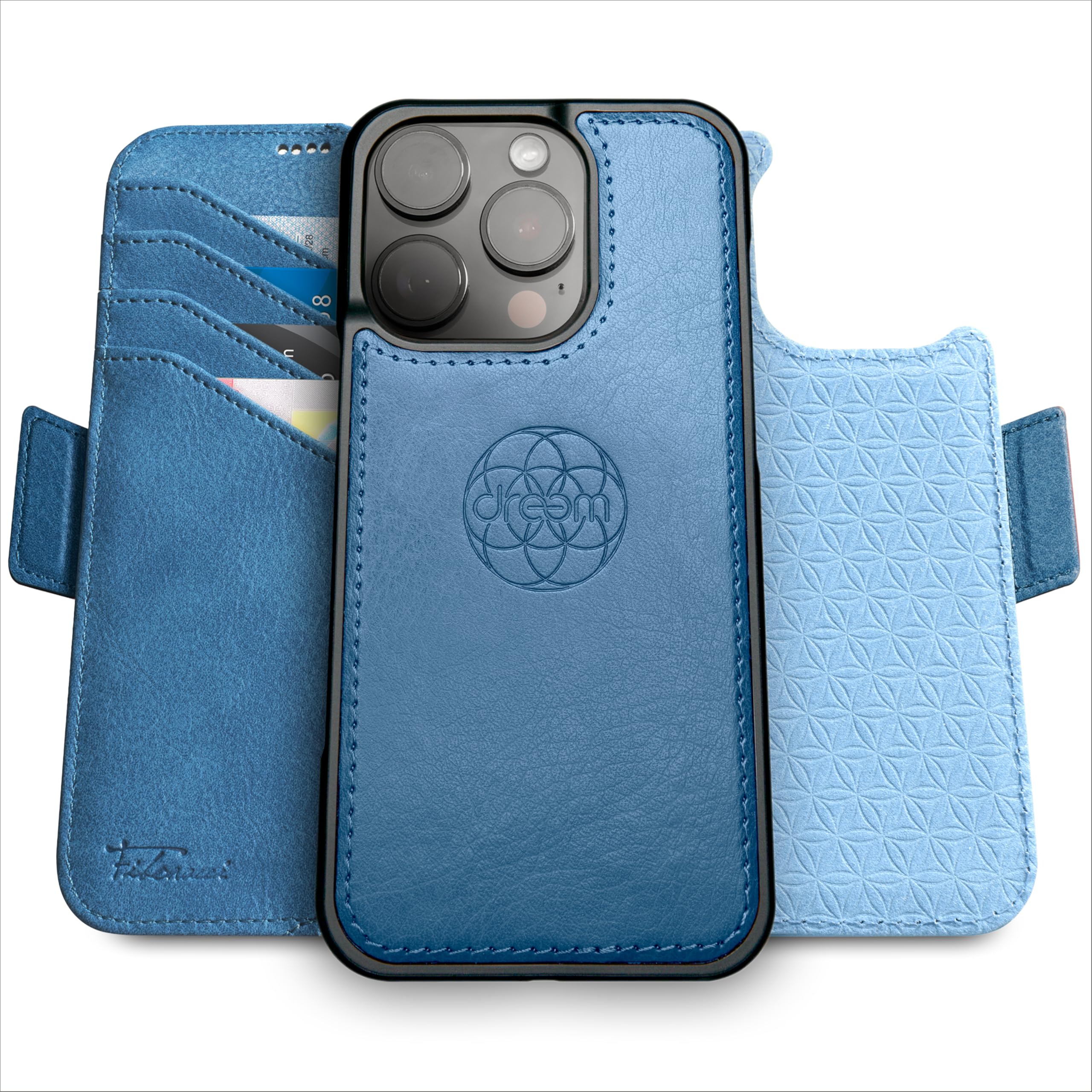 dreem Wallet Case for iPhone 16 Pro, Revolutionary Vert/Hor Phone Stand, Magnetic Detachable Vegan Leather Flip Cover RFID Blocking Card Holder, MagSafe-Fit, Gift Box [Fibonacci: Slate]