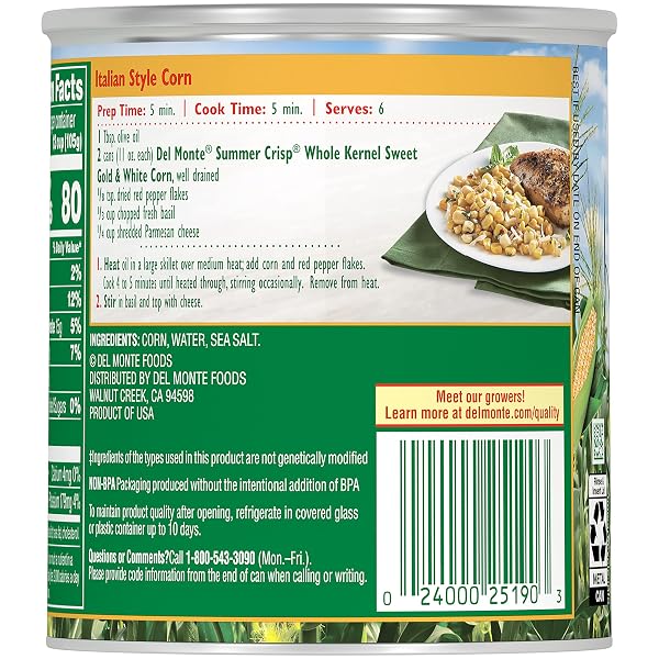 DEL MONTE SUMMER CRISP WHOLE KERNEL GOLD AND WHITE CORN, 11 OZ CAN