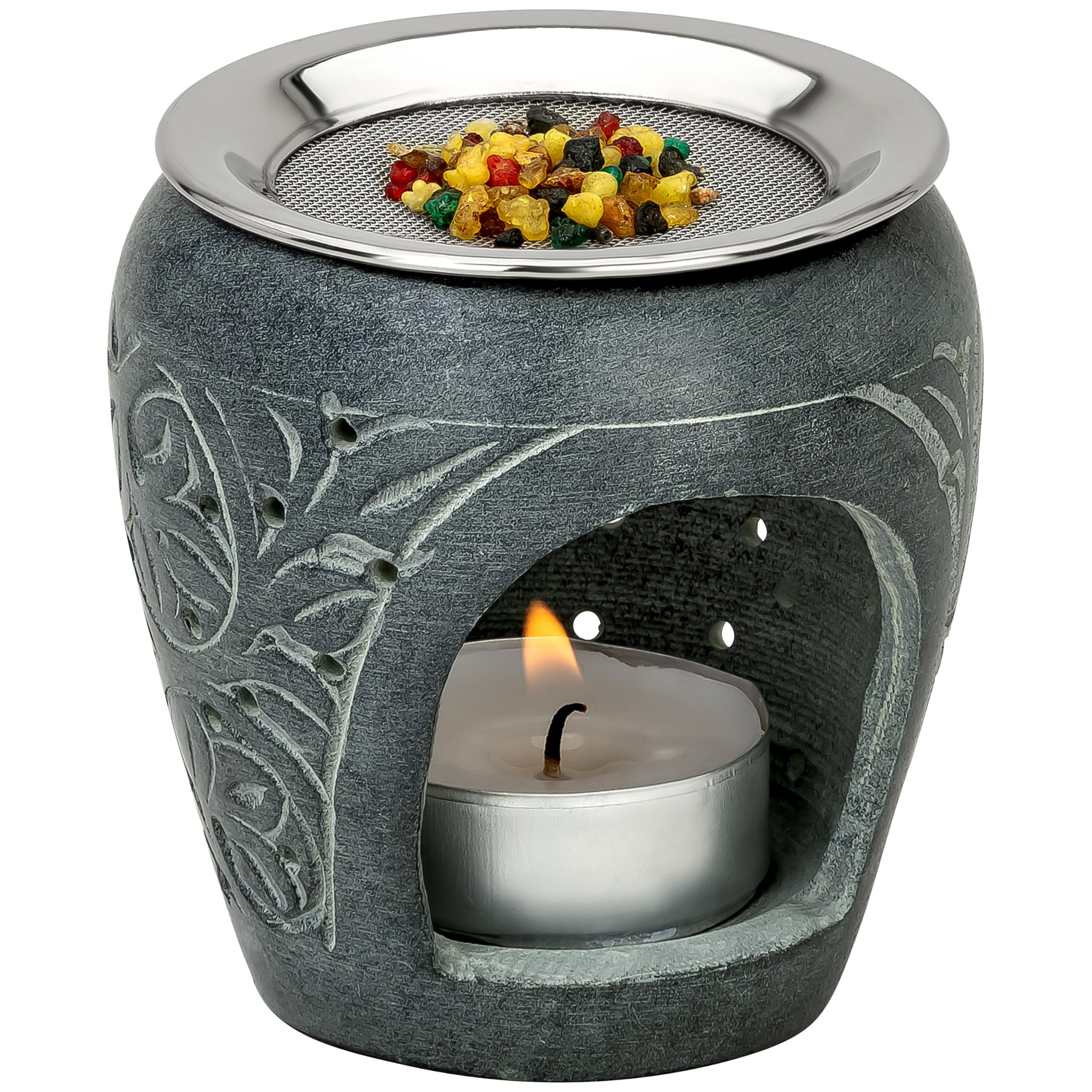 Soapstone Incense Burner [Height 8 cm, Diameter 8.5 cm] For Gentle Smoking with a Tea Light Stainless Steel Strainer Included