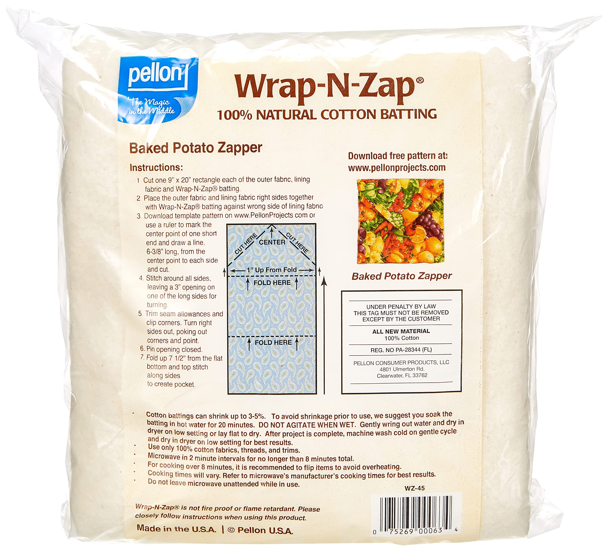 Pellon WZ-45, Natural Wrap-N-Zap Cotton Quilt Batting, 45 by 36-Inch, 1 Pack
