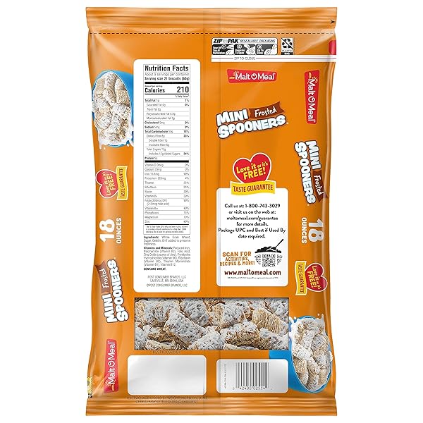 MALT-O-MEAL FROSTED MINI SPOONERS WHOLE GRAIN BREAKFAST CEREAL, CRUNCHY FROSTED SHREDDED WHEAT CEREAL, LARGE CEREAL FOR FAMILY, 18 OZ RESEALABLE CEREAL BAG