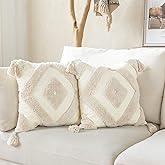 Snugtown Woven Tufted Boho Throw Pillow Cover Set of 2, Modern Decorative Geometric Diamond Chevron Cushion with Tassels, Farmhouse Tribal Pillowcase, 18 x 18 Inches, Ivory