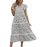 Summer Bohemian Floral Dresses for Women Casual Lace Tiered Long Dresses with Puff Short Sleeves Loose Fit Dress