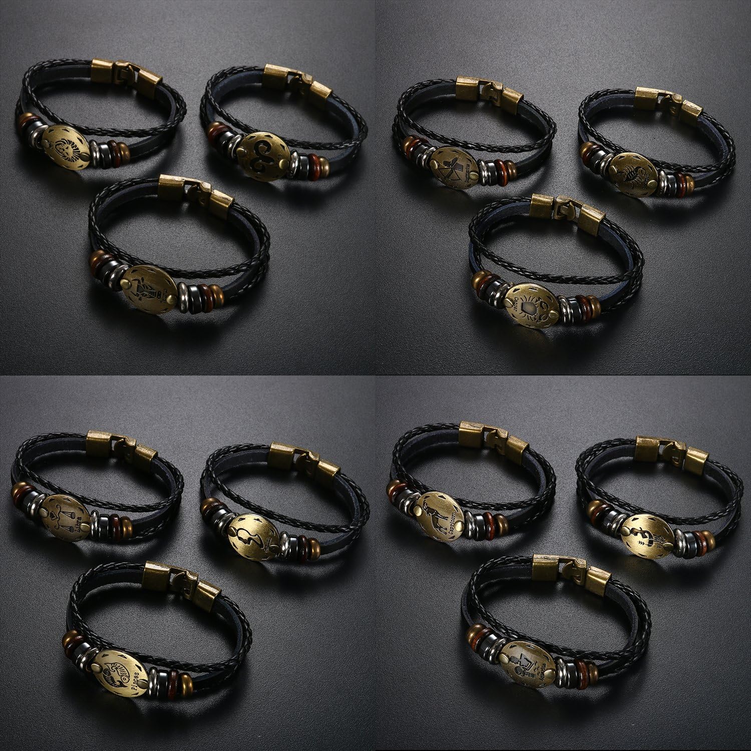 Oidea Mens Womens Punk Multi-Layer Pisces Zodiac Signs Constellation Astrology Braided Leather Cuff Bracelet,Black - Image 4