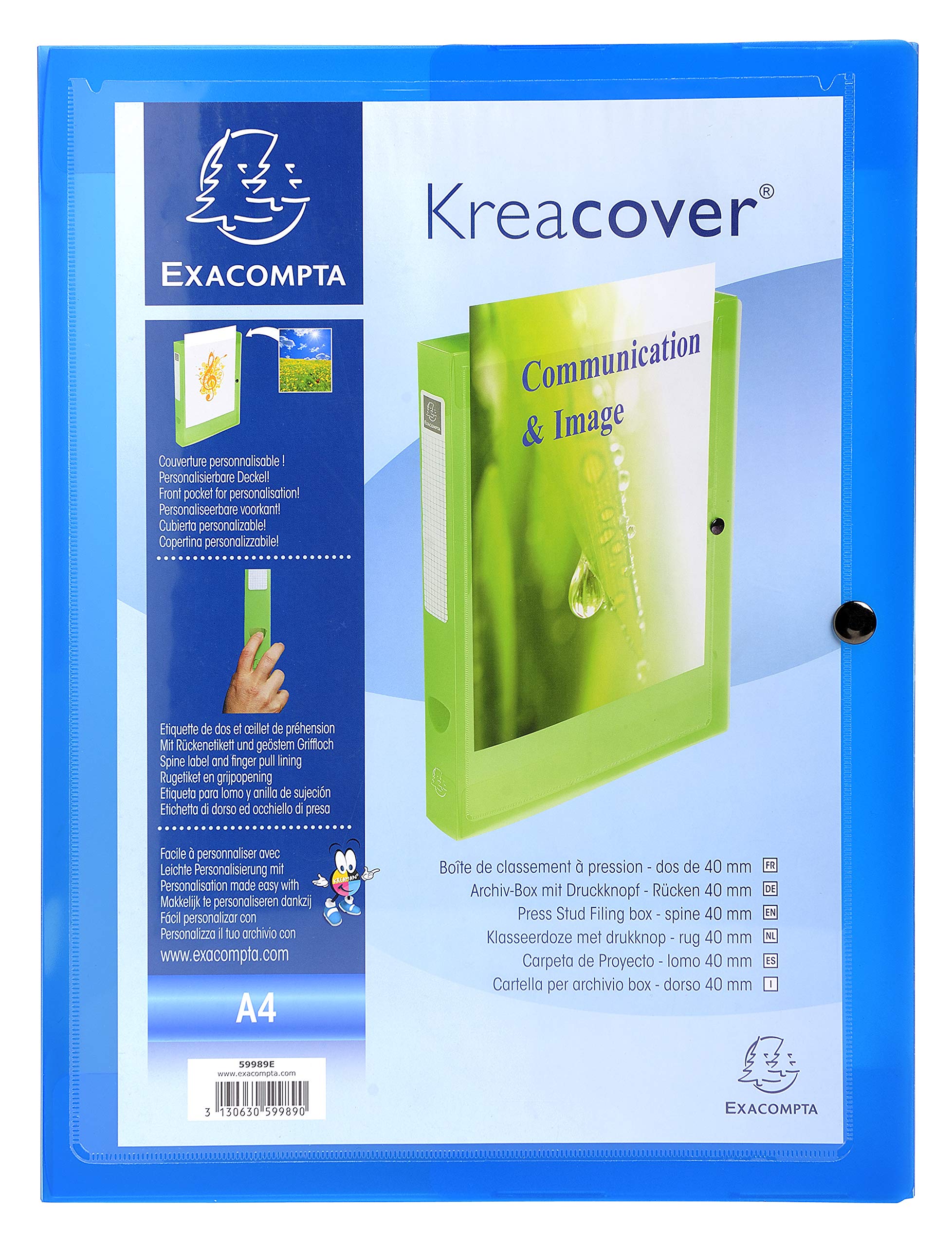 Exacompta - Ref 59982E - Kreacover Collection - PP Press Stud Filing Box - 250 x 330mm in Size, Suitable for A4 Documents, 40mm Spine, Spine Label - Blue