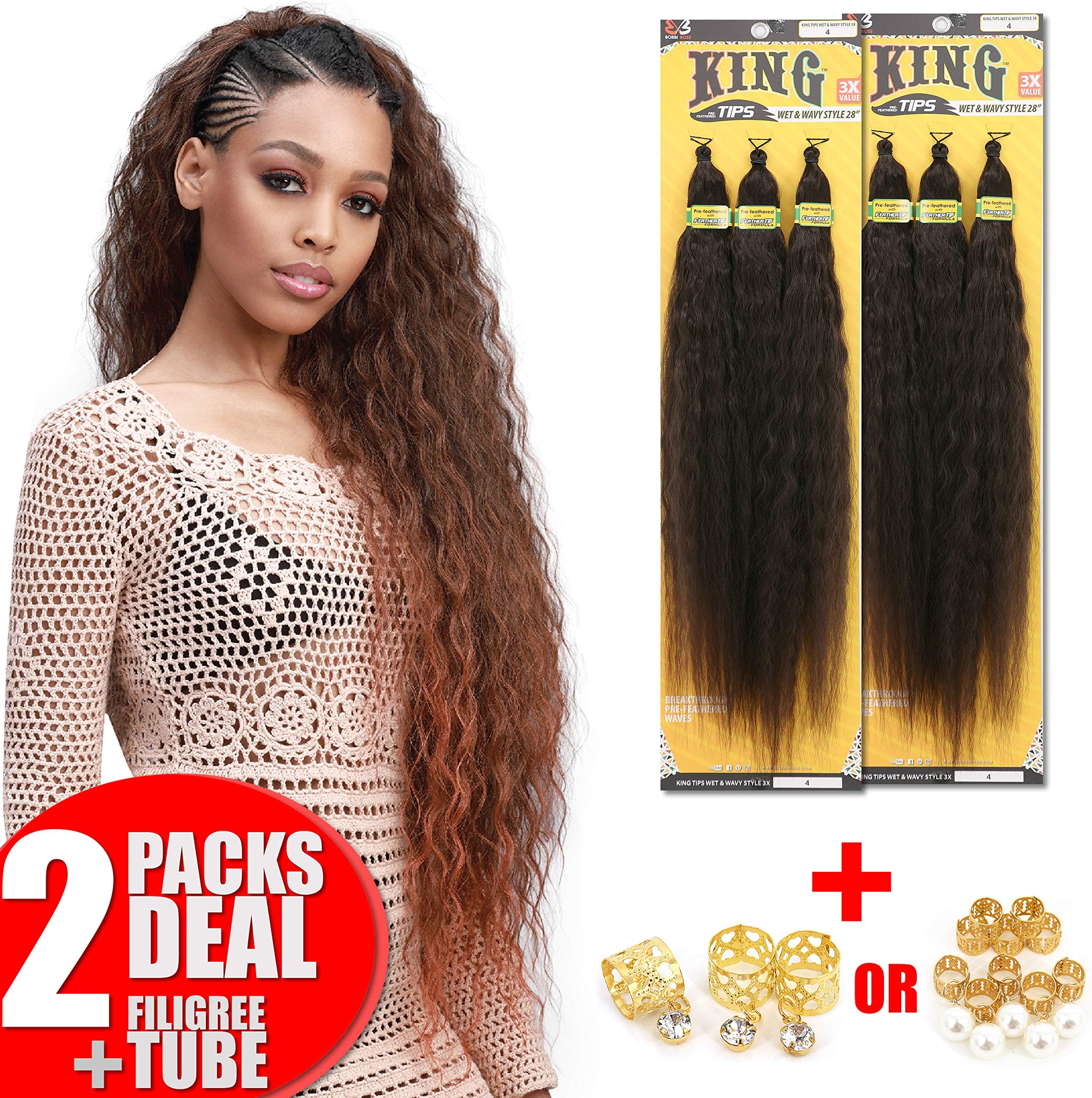 [2PACKS DEAL] Bobbi Boss King 3X Value Pre-Feathered Waves Tips Wet & Wavy Style 28" Braid KINGTIPSWE283X with Gold Filigree Tube 3pcs (4 [Medium Brown])