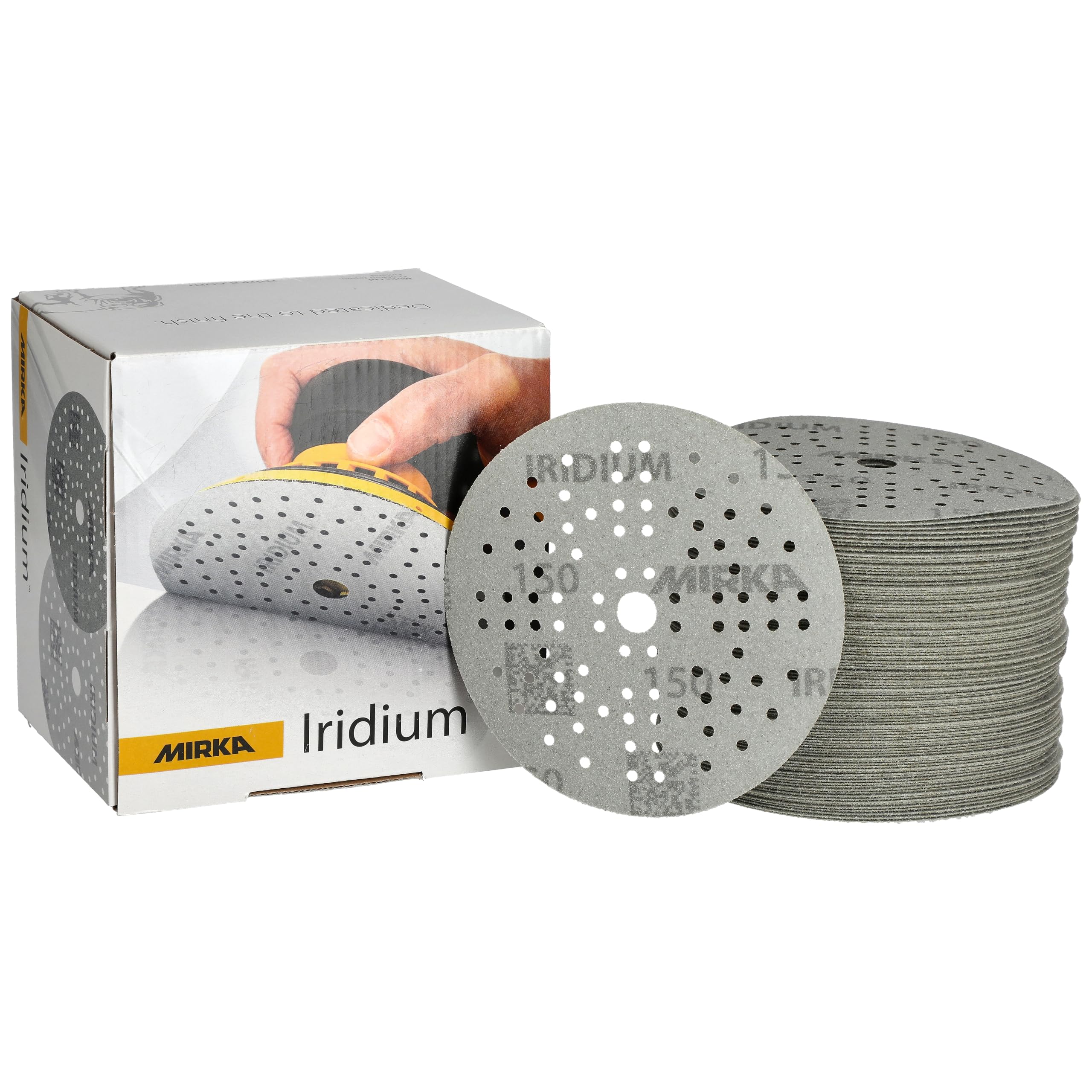 Mirka Iridium Premium Sandpaper Ø 125mm Hook & loop 89-Hole, Grit 150, 100 pcs/For sanding of paint, putty, primer, wood, steel, mineral materials, plastic.