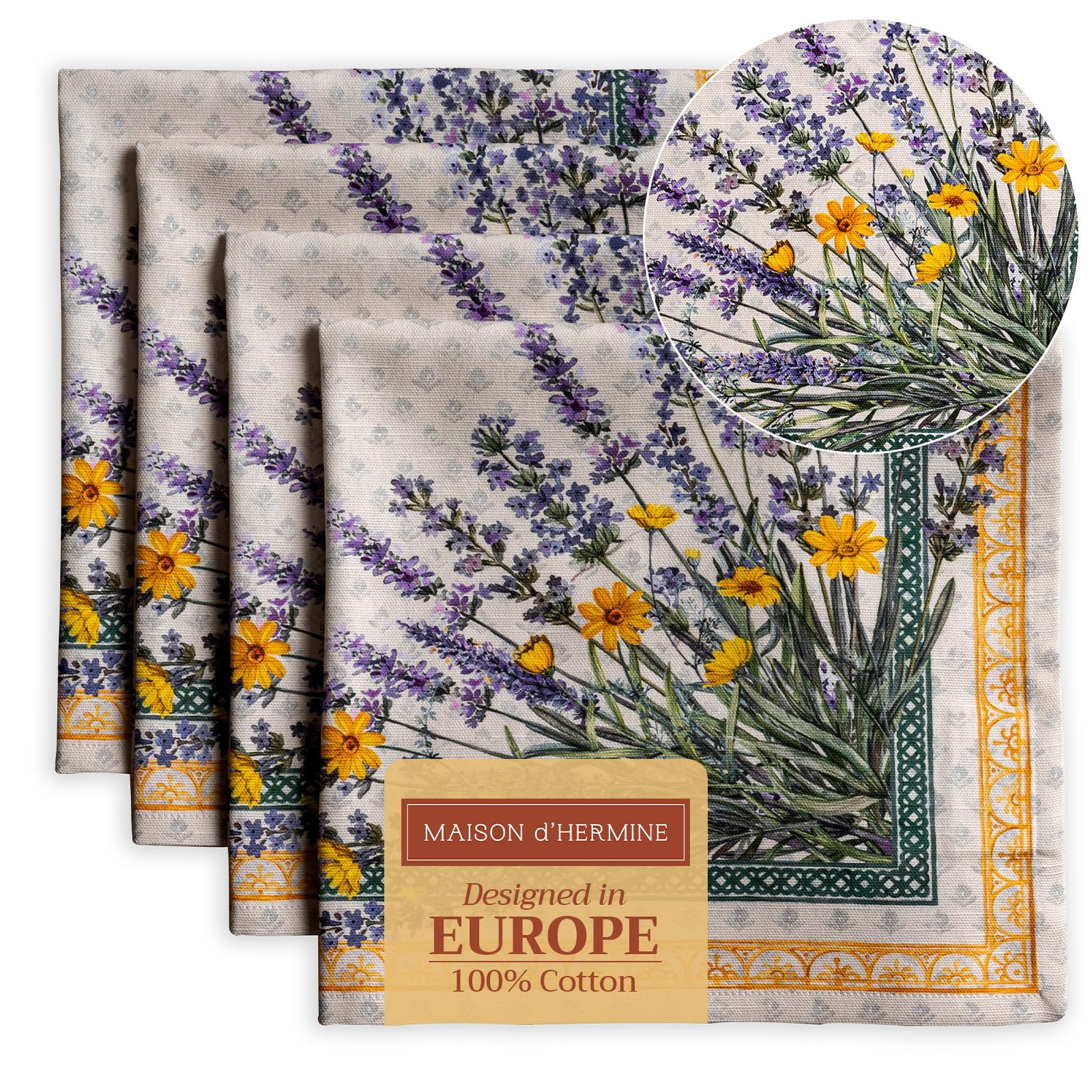 Maison d' Hermine Cloth Napkins Set of 4 100% Cotton Everyday Reusable Square Napkins Cloth Washable Dinner Party Wedding Restaurant Gifts for Mothers Day (Fanny Lavender, 45 CM x 45 CM)