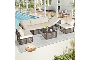 FHFO 7 Pieces Outdoor Patio Furniture Set, Wicker Outdoor Sectional Conversation Couch Set with Adjustable Backrest Sofa, Beige Cushions & Coffee Table for Outside,Garden,Deck,Brown