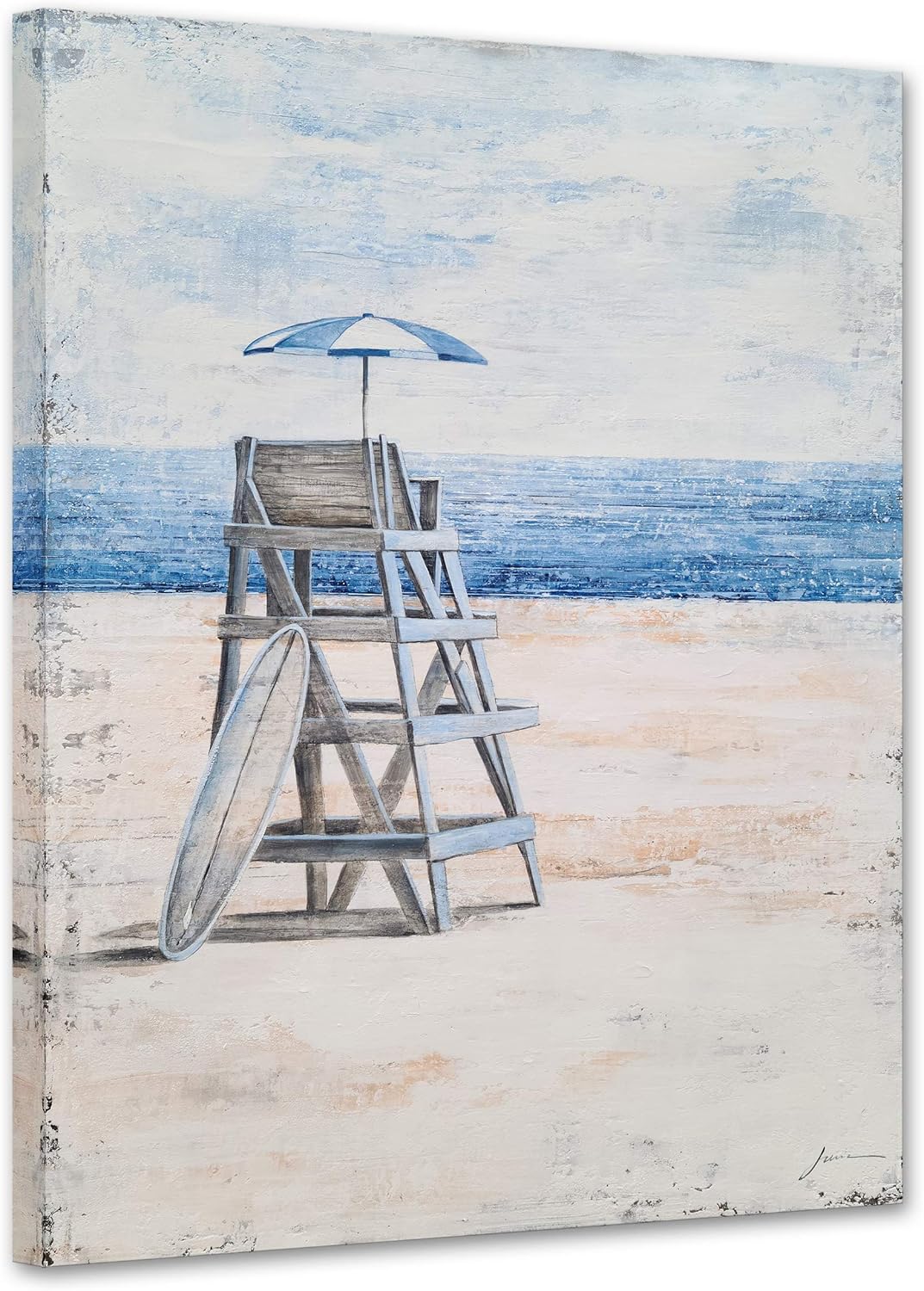 Paintings - Yihui Arts Ocean Canvas Wall Art with Textured Abstract Beach Paintings with Ladder and Umbrella Contemporary Coastal Pictures with Blue Color for Living Room Bedroom Bathroom Decor