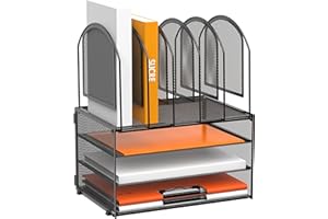 DALTACK Paper Desk Organizer, 3-Tier Letter Tray with 5 Vertical File Holders, Multifunction Desk Organizer, Desktop File Folder Organizer, Desk Organizers and Accessories for Home Office, Black