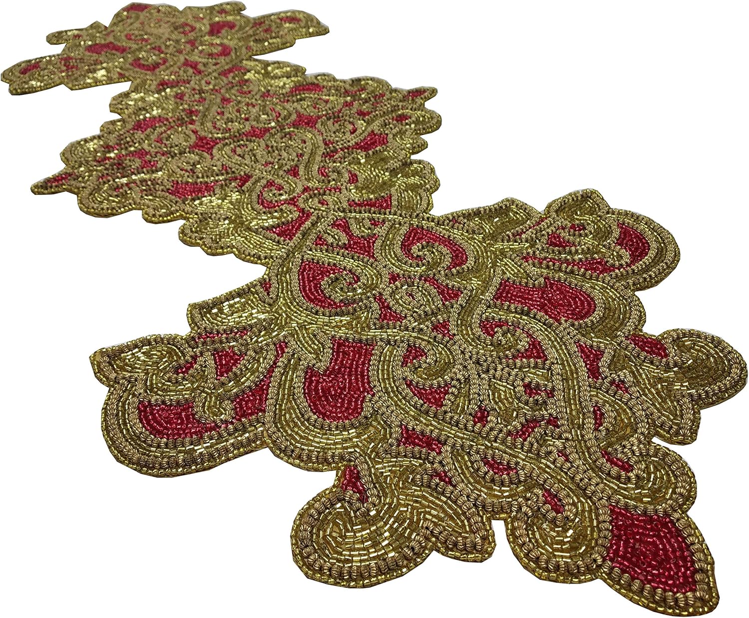Hand Made Beaded Table Runner 13x36 Inch in Gold Red Combo, Produced by
