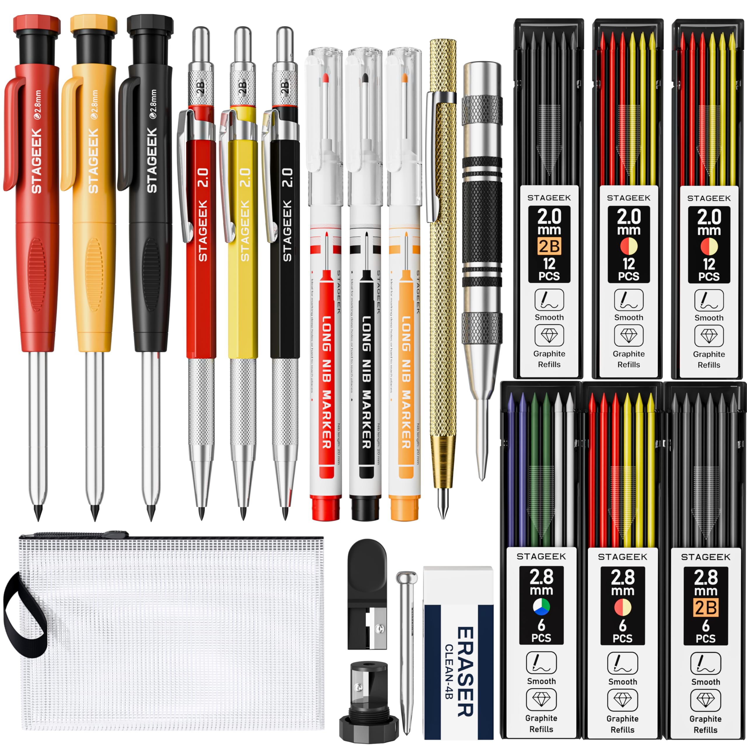 STAGEEK 22er-Set Mechanischer Zimmermannsbleistifte, Automatischem Körner, Hartmetall-Anreißwerkzeug, Radiergummi und Markierstift für tiefe Löcher, Robuster Konstruktionsbleistift für Architekten