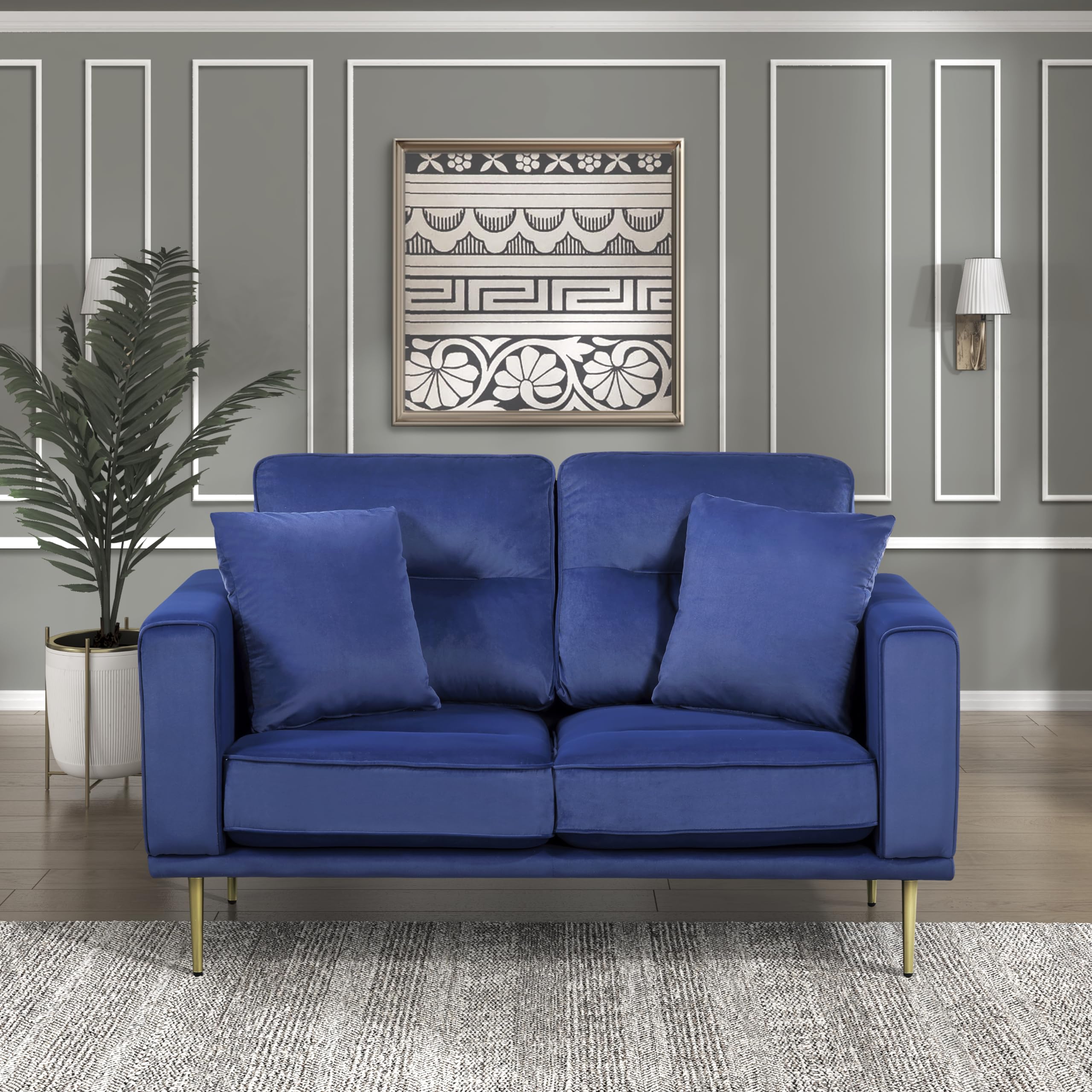 Photo 1 of Lexicon Velvet Sofa Love Seat, Modern Couches, Metal Seat Base Metal Legs with Gold-Tone Finish, 58 inch Loveseat Sofa with 2 Throw Pillows, 2 Seater Couches for Living Room, Bedroom, Apartment, Blue