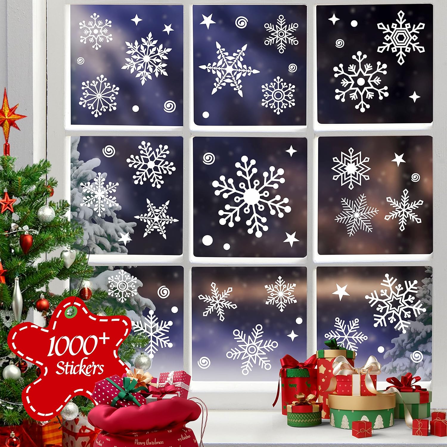 Window Treatments - 1000+ Double-Sided Christmas Window Clings, 25+ Designs Snowflake Static Stickers Window Decoration Xmas Ornaments Reusable Frozen Party Supplies New Year Decals for Winter Holiday