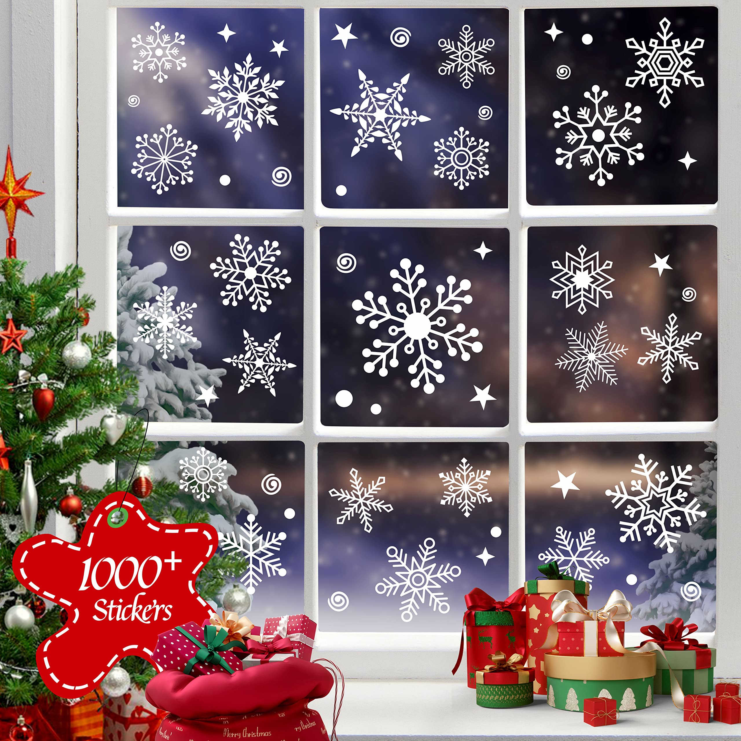 Photo 1 of 1000+ Double-Sided Christmas Window Clings, 25+ Designs Snowflake Static Stickers Window Decoration Xmas Ornaments Reusable Frozen Party Supplies New Year Decals for Winter Holiday