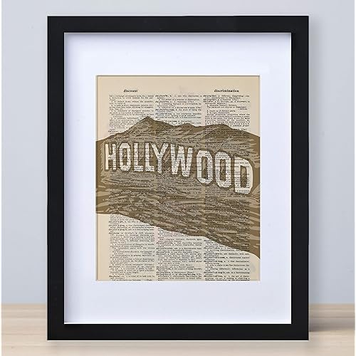 Vintage Handmade Art Prints for Home Decor with 11x14 Solid Wood Frame, Wall Prints on Recycled Books with Black Frame, Unique Wall Decorations, Tabletop Display, Gift for Friends(Hollywood)