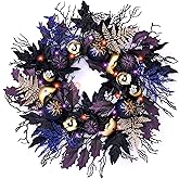 DecorbyHannah Collapsible Halloween Door Wreath, 24 Inch Light Up Black Halloween Wreaths for Front Door with Maple, Pumpkins and Witch Ornaments Decorations Indoor Outdoor for Porch Window