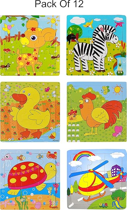 Akrobo Wood Jigsaw Puzzles for Children- Pack of 12 Different Patterns with 9 Piece Puzzle in a Frame Board ( Random Design )