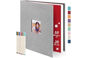 COLEMOLY Self Adhesive Large Photo Albums 60 Sticky Pages (13x12.6inch) Magnetic Scrapbook Grey Linen Hardcover for 2x3 3x5 4x6 5x7 6x8 8x10 10x12 Pictures with 10 Metallic Pen