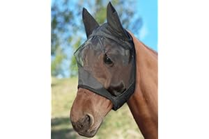 HackFond Horse Fly Mask Half Face with Ears, Full Face UV Protection for Horses, Breathable Fine Mesh Equine Fly Mask, M - Cob