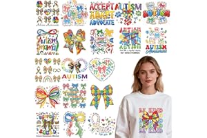 Shejdgart Dtf Transfers Ready to Press - 20 Pcs Autism Awareness Iron on Transfers, Bow Iron on Patches for T-Shirts, Heat Tr