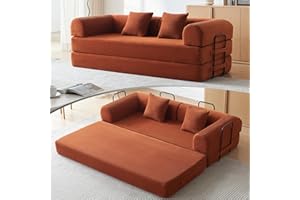 QQR Convertible Sleeper Sofa Bed with Cylindrical Pillow, Modern Corduroy Futon Bed, Modular Sofa with Pull-Out Bed, Love Seat Sleeper for Living Room, Small Space Apartment, Office (Orange)