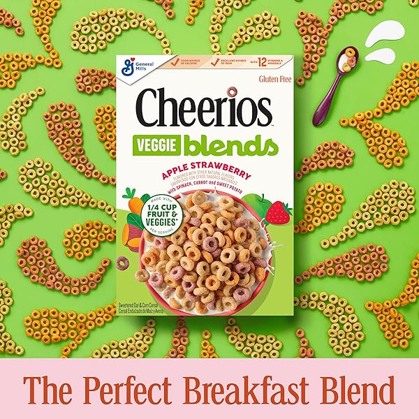 CHEERIOS VEGGIE BLENDS BREAKFAST CEREAL, APPLE STRAWBERRY, MADE WITH FRUITS AND VEGGIES, FAMILY SIZE, 18 OZ