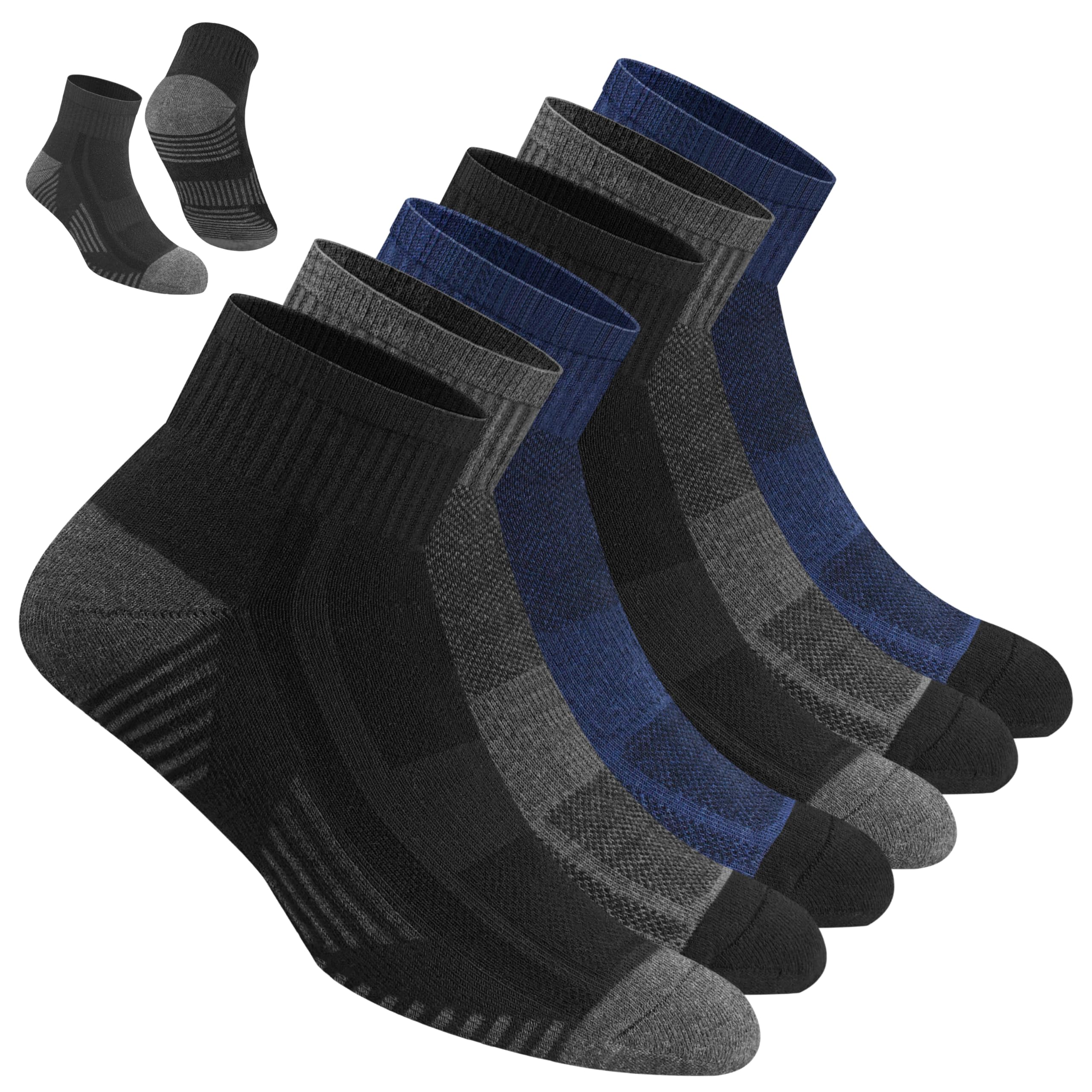 NAVYSPORT Herren Baumwolle Viertel Sportsocken, 6er-Pack, Viertellang (43-46, Denim Blau, Grau, Schwarz)