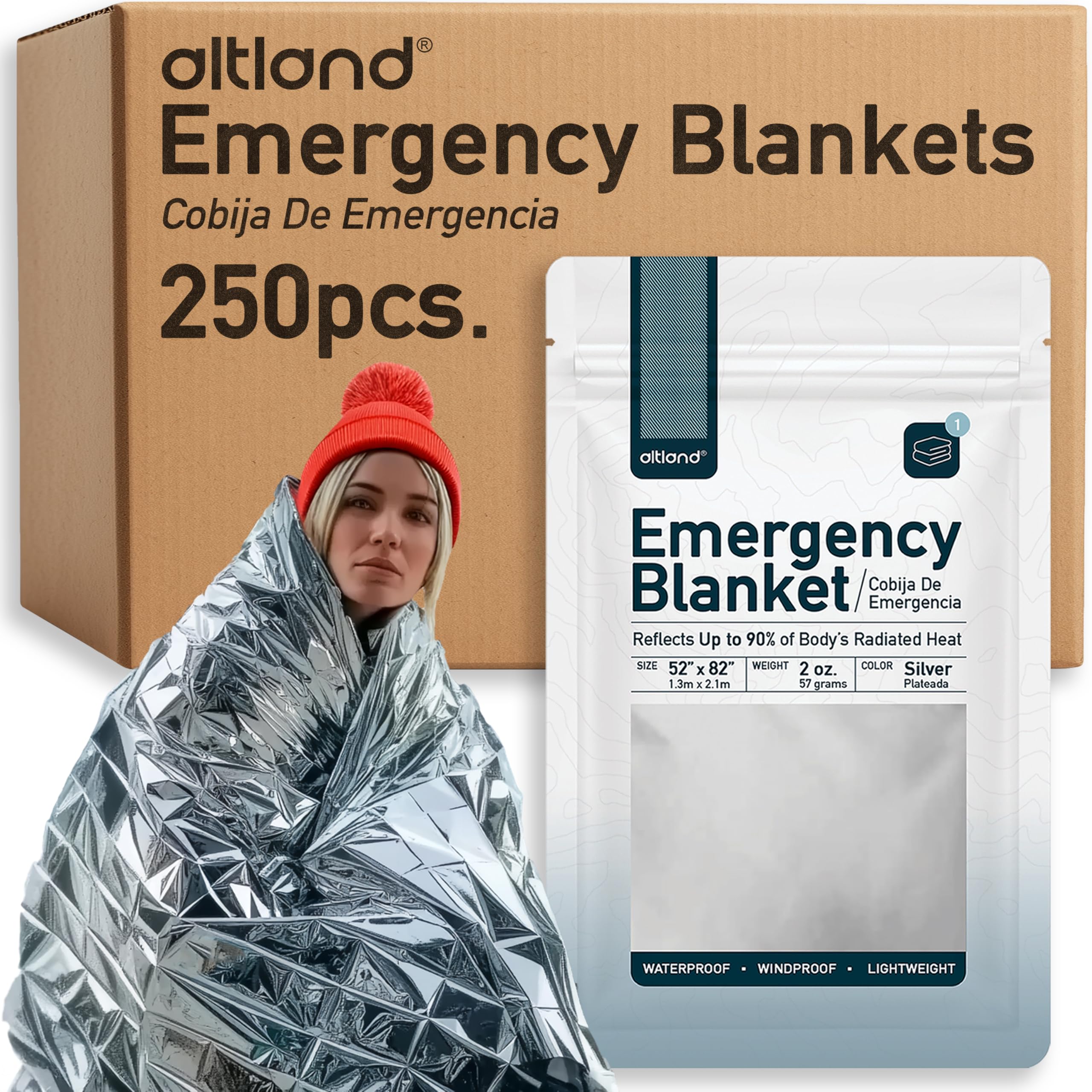 Altland 250 Pack of Emergency Blankets - Heat Reflective Blankets for Winter Survival Kits, Disaster Preparedness, Cold Weather Camping, and Homeless Care Packages Image