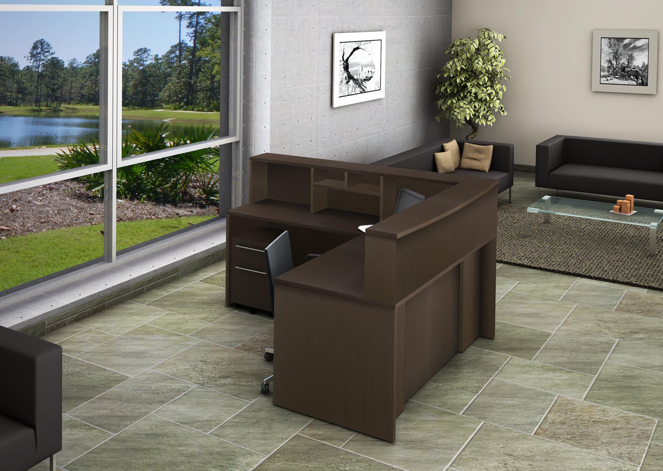 Office Reception Desk Reception Corner Collaboration Furniture Model 4293 5 Pc Group Contemporary Espresso Color. Update Your Spaces with Commercial Grade Reception Collaboration Furniture.