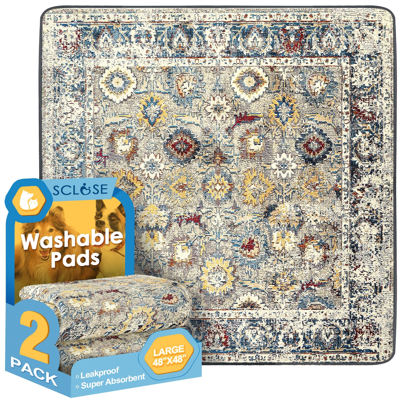 SCLOSE Washable Pee Pads for Dogs Large 2 Pack, 48" x 48" Reusable Puppy Pads Waterproof Dog Rugs, Super Absorbent, Leakproof, Dog Crate Pad, Playpen Mat, Whelping Pads, Vintage Image SCLOSE Washable Pee Pads for Dogs Large 2 Pack, 48" x 48" Reusable Puppy Pads Waterproof Dog Rugs, Super Absorbent, Leakproof, Dog Crate Pad, Playpen Mat, Whelping Pads, Vintage Image