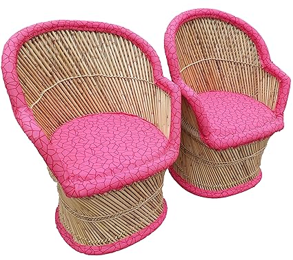 PatioStack Bamboo Leather Handicraft Outdoor Rattan & Wicker Sitting Chairs Furniture Set for Garden / Terrace / Lawn / Balcony / Restaurant / Cafe / Living Room / Drawing Room [ 2 Pink Chairs, Size :18*18*34 ]