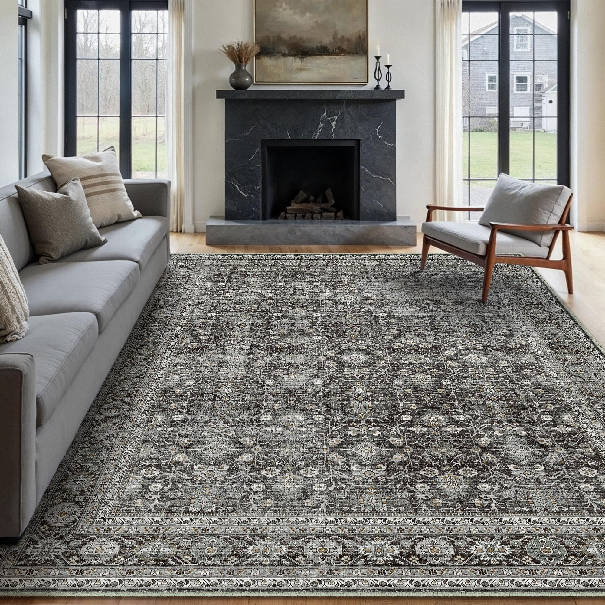 purecozy vintage area rug 8x10 black washable living room large carpet non slip bedroom indoor office low pile traditional distressed retro accent rug for dining room