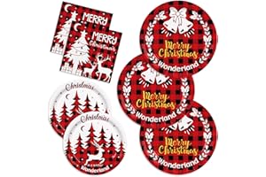 AGoooodySet 150pcs Red Buffalo Plaid Christmas Plates Napkins Christmas Dinner Dessert Elk Merry Christmas Party Supplies for Xmas Holiday Party Serve 50 Guests