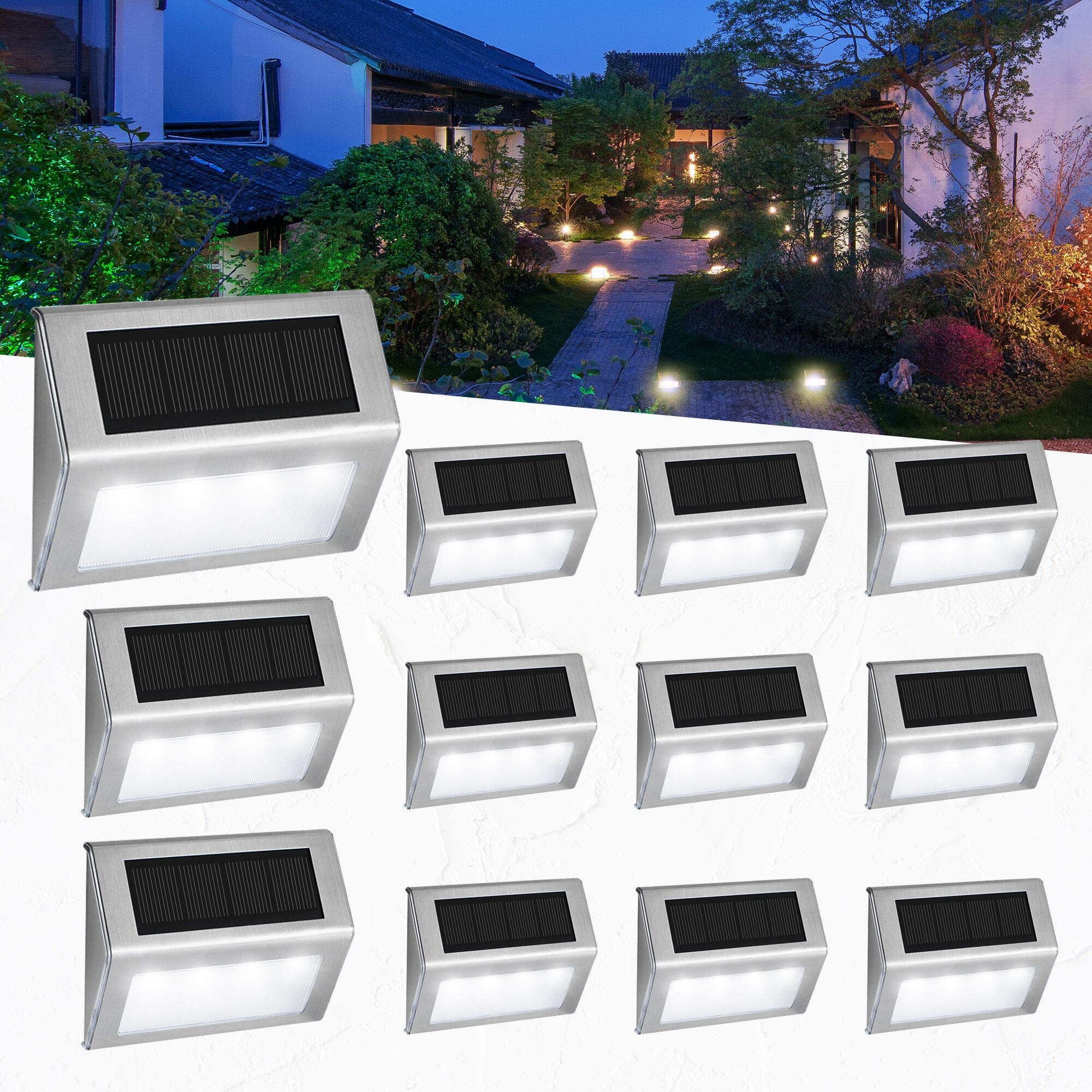 EASTERNSTAR Solar Fence Lights Outdoor Garden, 4 LED Stainless Steel Decorative Decking Light, 6 Pack Waterproof Step Lights for Stair Wall Patio Yard Path Fence Gate (White Light)